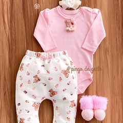 Conjunto Body e Calça Bordado Fofinho Ursinha Cora