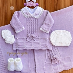 Saída Maternidade Tricot Bordada 4 Peças Laçarotes