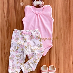 Conjunto Body Regata e Calça Bordado Ursinha Alba