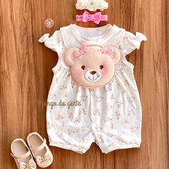 Romper Algodão Floral com Babador Bordado Ursinha Florinda 