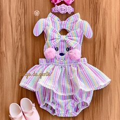 Romper Listras Coloridas Babados e Bordado Fofinho Coelhinha Coralina 