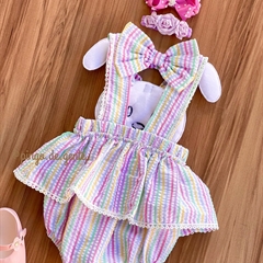 Romper Listras Coloridas Babados e Bordado Fofinho Coelhinha Coralina 