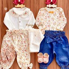 Conjunto Body Floral e Calça Jeans com Laço Bordado Fofinho Giulietta