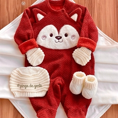Macacão Plush Bouclé Forrado Bordado Fofinho Raposinha Roy