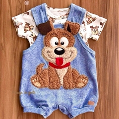 Romper Algodão Jeans Bordado Fofinho com Body Dog  Max 
