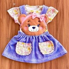 Salopete Algodão Jeans Bordado Fofinho com Body Ursinha Lily