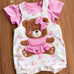 Romper Algodão Floral Bordado Fofinho com Body Ursinha Teresa