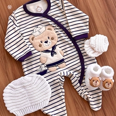 Macacão Algodão Listras Bordado Ursinho Giuseppe