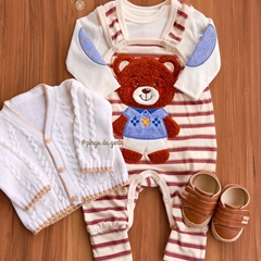 Jardineira Listras Bordado Fofinho com Body Ursinho Adam