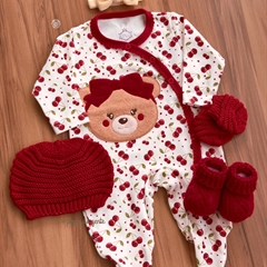 Macacão Algodão Abertura Quimono Bordado Ursinha Cherry