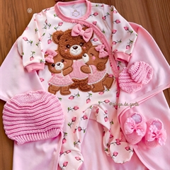 Macacão Algodão Floral Bordado Fofinho Ursinha Cecília