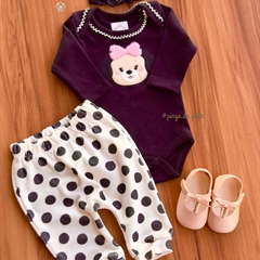 Conjunto Body Bordado e Calça Bolinhas Cachorrinha Teté
