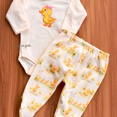 Conjunto Body Bordado e Calça Algodão Canelado Patinha Mafê